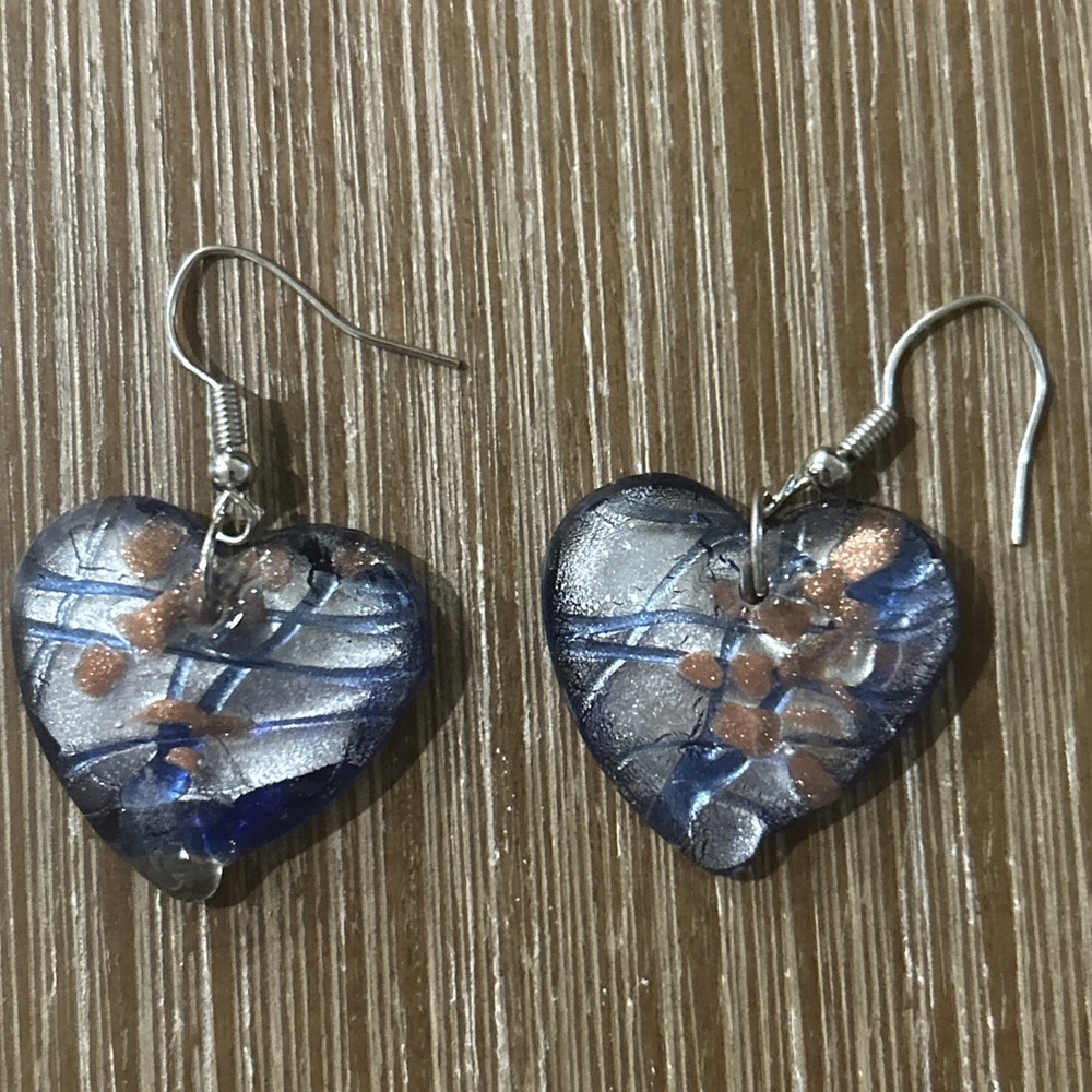 Handcrafted Blue Italian Style Art Glass‎ Silver Foil Puff Heart Earrings